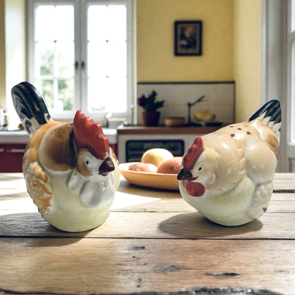 Vintage Ceramic Rooster & Hen Salt and Pepper Shakers Made In Japan